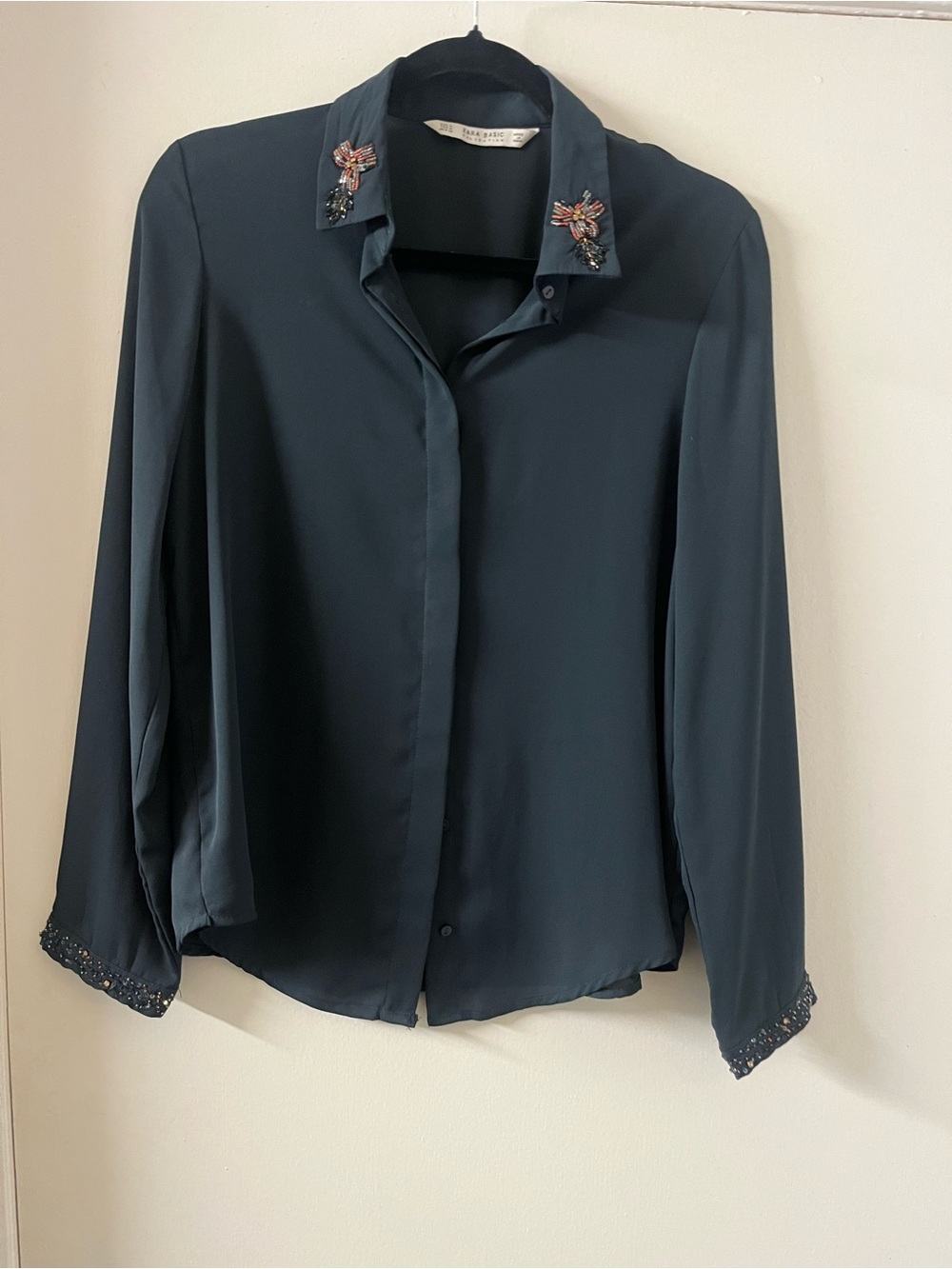 Zara Green Embellished Blouse Size M